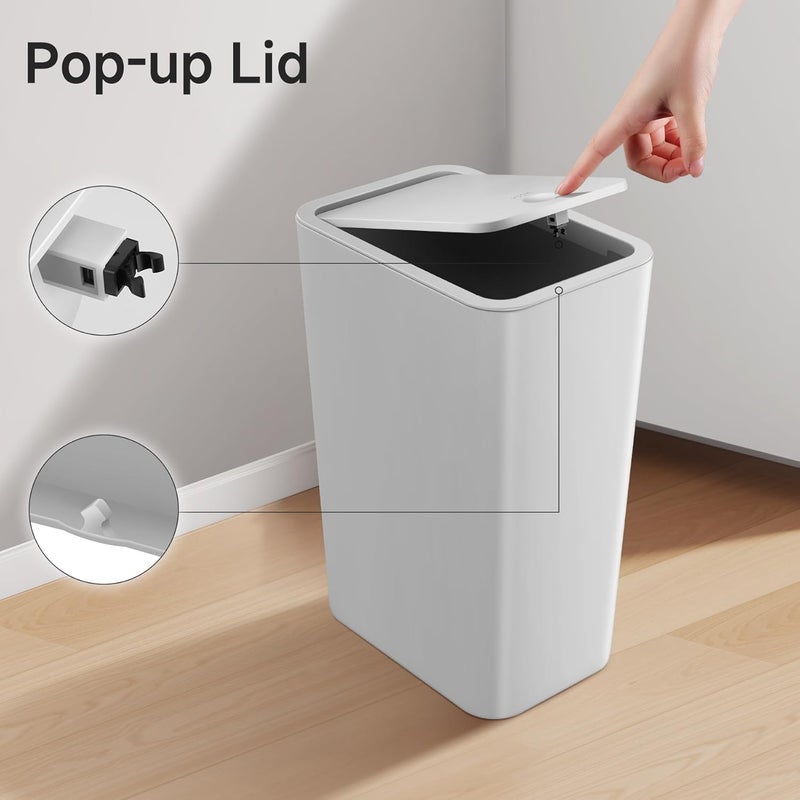 TIPGO Bathroom Trash Can with Lid, 4 Gallon / 15 Liter Small Garbage Can, Press Top Bin, Plastic Wastebasket with Pop-Up Lid for Bedroom, Living Room, Office (Grey, 2 Pack) - Image 3